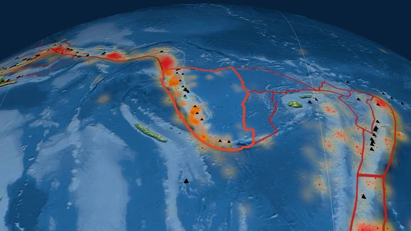 Nuove Ebridi Placca Tettonica Delineata Sul Globo Mappa Fisica Colori — Foto Stock