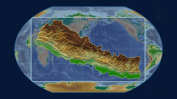 Zoomed-in view of Nepal outline with perspective lines against a global map in the Kavrayskiy projection. Shape centered. color physical map