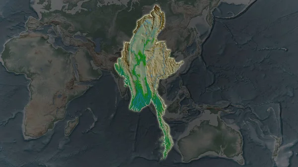 Myanmar Area Allargata Brillava Uno Sfondo Scuro Dei Suoi Dintorni — Foto Stock