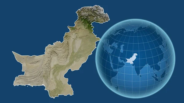 Пакистан Глобус Формой Страны Фоне Увеличенной Карты Контуром Выделенным Синем — стоковое фото