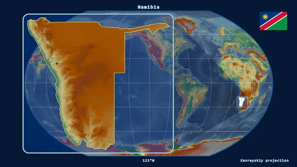 Vergrößerte Ansicht Von Namibia Mit Perspektivischen Linien Gegen Eine Weltkarte — Stockfoto