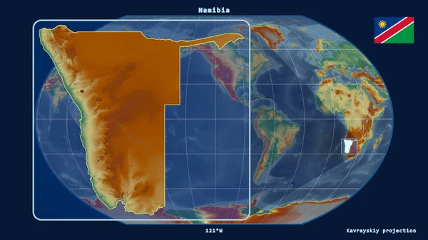 Увеличенный Вид Намибии Перспективными Линиями Против Глобальной Карты Каврайской Проекции — стоковое фото
