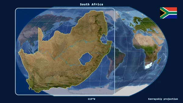 用透视线与Kavrayskiy投影中的全球地图对齐 放大了南非的轮廓 在左边的形状 卫星图像 — 图库照片