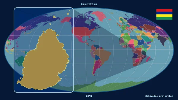 Mauritius Mollweide Projeksiyonundaki Küresel Haritaya Karşı Perspektif Çizgileriyle Yakınlaştırılmış Görüntüsü — Stok fotoğraf