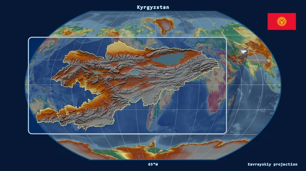 Увеличенный Взгляд Очертания Киргизии Перспективными Линиями Против Глобальной Карты Каврайской — стоковое фото