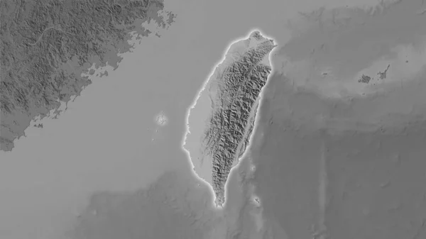 立体投影のグレースケール標高マップ上の台湾エリア 光輝く輪郭を持つラスター層の生の組成 — ストック写真