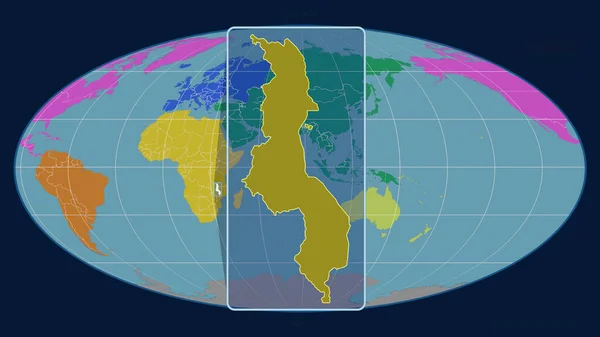 在Mollweide投影中 用透视线与全球地图对齐 放大了马拉维的轮廓 形体中心 各大洲的彩色地图 — 图库照片