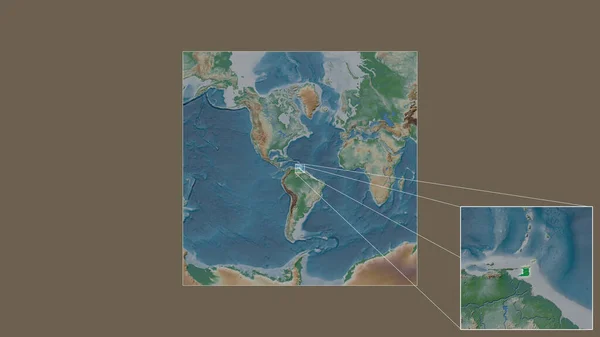 トリニダードとトバゴの拡大 拡大された地域は フレームの隅を結ぶ主要な線で世界の大規模な地図から抽出されました 地図の色 — ストック写真