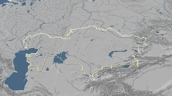 Kasachstan Und Seine Nachbarschaft Distanzierte Schrägperspektive Umrissene Form Graustufen Höhenkarte — Stockfoto