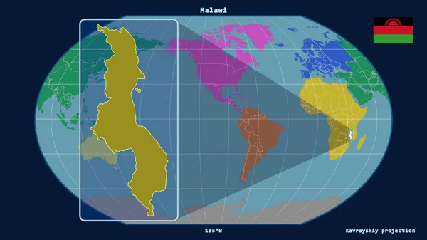 マラウイのアウトラインを視野に入れ 世界地図に対する視点線をカヴァライスキー投影で拡大した 左側の形 大陸のカラーマップ — ストック写真