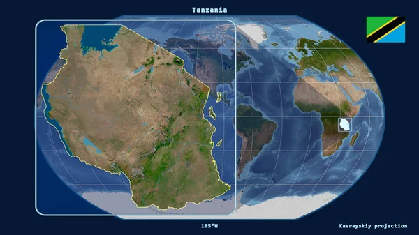 Přiblížený Pohled Tanzanii Perspektivními Liniemi Proti Globální Mapě Projekci Kavrayskiy — Stock fotografie
