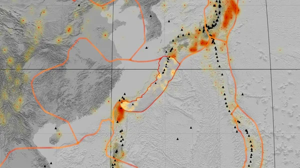 カヴァライスキー プロジェクションの世界的なグレースケールの標高マップについて概説された沖縄地震プレート 3Dレンダリング — ストック写真