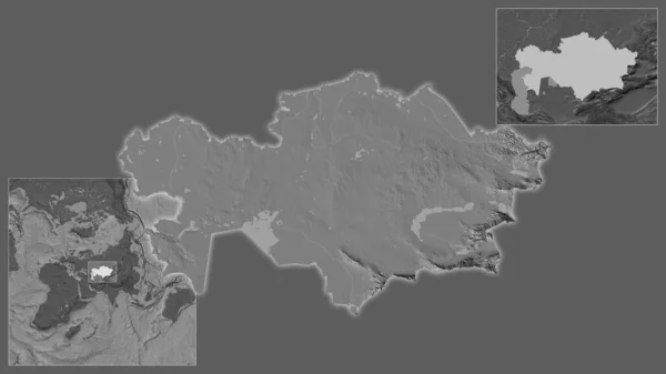 Detailní Záběr Kazachstánu Jeho Umístění Regionu Středu Rozsáhlé Mapy Světa — Stock fotografie