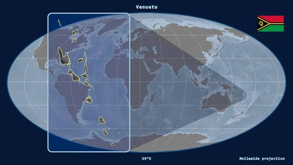 Přiblížený Pohled Vanuatu Perspektivními Liniemi Proti Globální Mapě Mollweidově Projekci — Stock fotografie