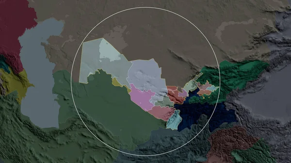 Uzbekistan zoomed and circled. Colored and bumped map of the administrative division. 3D rendering