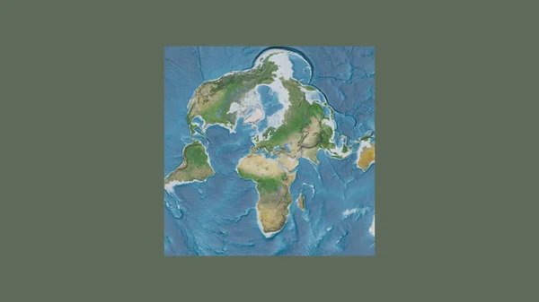 マケドニアの領土を中心に斜めのヴァン グリンテン投影で世界の大規模な地図の正方形のフレーム 衛星画像 — ストック写真