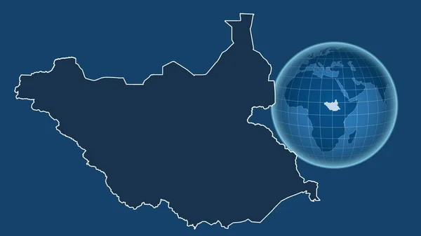 南苏丹 与缩放地图相对照的国家形状的球体 其轮廓在蓝色背景上孤立 只形状 海洋面具 — 图库照片