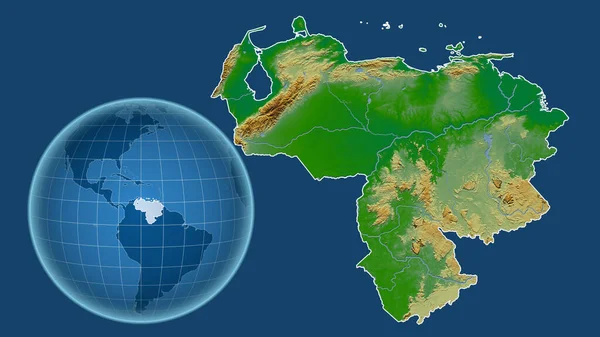 Венесуела Глобус Формі Країни Проти Збільшеної Карти Контуром Ізольованим Синьому — стокове фото