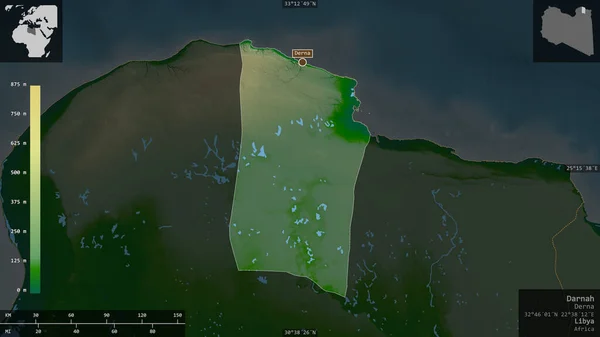 Darnah Distrito Libia Datos Sombreado Colores Con Lagos Ríos Forma — Foto de Stock