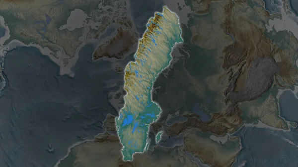 Suecia Área Ampliada Brilló Sobre Fondo Oscuro Sus Alrededores Mapa — Foto de Stock