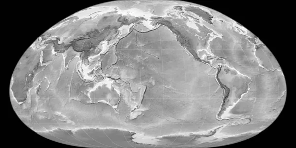 西の経度170を中心とした水平投影での世界地図 グレースケール標高地図 グレースケールとラスターの生の複合体 3Dイラスト — ストック写真