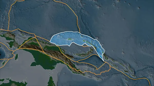 隣接する地域の砂漠化によって分離された物理的地図上の北ビスマルク地殻プレートの概要 ヴァン グリンテンI予測 斜めの変換 — ストック写真