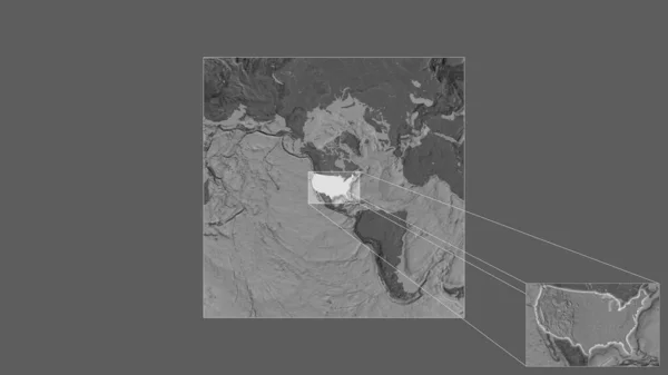 フレームの隅を結ぶ主要線で世界の大規模な地図から抽出された米国の拡大および拡大領域 標高マップ — ストック写真