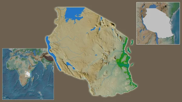 タンザニアの閉鎖と地域と大規模な世界地図の中心部に位置しています 地図の色 — ストック写真