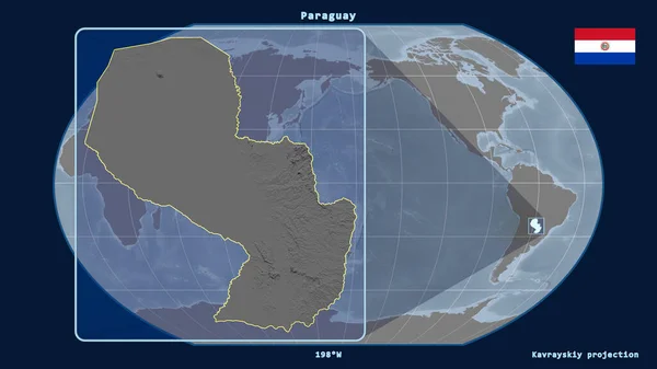 Zoomed-in view of Paraguay outline with perspective lines against a global map in the Kavrayskiy projection. Shape on the left side. Grayscale elevation map
