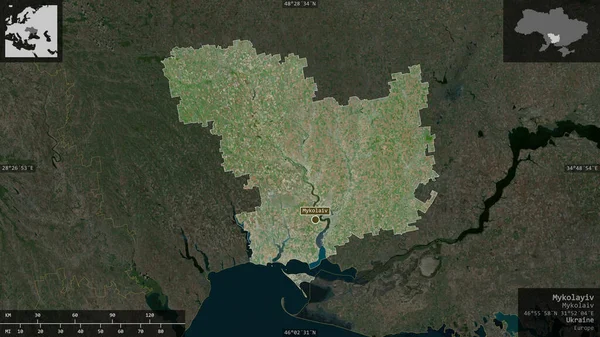 Mykolayiv, Ukrayna bölgesi. Uydu görüntüleri. Ülke alanına karşı bilgilendirici örtülerle sunulan şekil. 3B görüntüleme