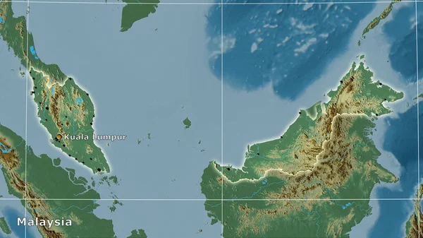 Malaysia area on the topographic relief map in the stereographic projection - main composition