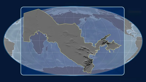 Zoomed-in view of Uzbekistan outline with perspective lines against a global map in the Mollweide projection. Shape centered. grayscale elevation map