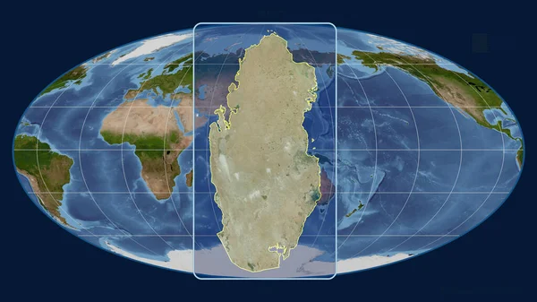 Přiblížený Pohled Katarský Obrys Perspektivními Liniemi Proti Globální Mapě Mollweidově — Stock fotografie