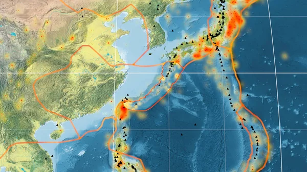 Okinawa Tektonický Štítek Nastíněný Globální Topografické Mapě Mollweidově Projekci Vykreslování — Stock fotografie