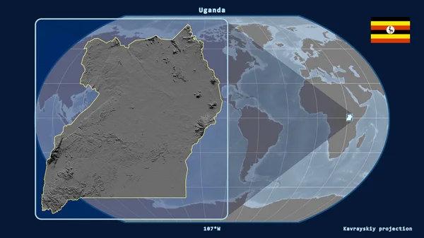 Ускоренный Взгляд Контур Уганды Перспективными Линиями Против Глобальной Карты Каврайской — стоковое фото