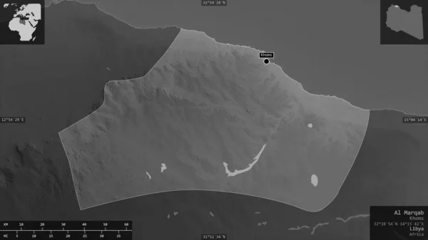 リビアのアル マルカブ地区 湖や川とグレースケールの地図 有益なオーバーレイとその国の領域に対して提示形状 3Dレンダリング — ストック写真