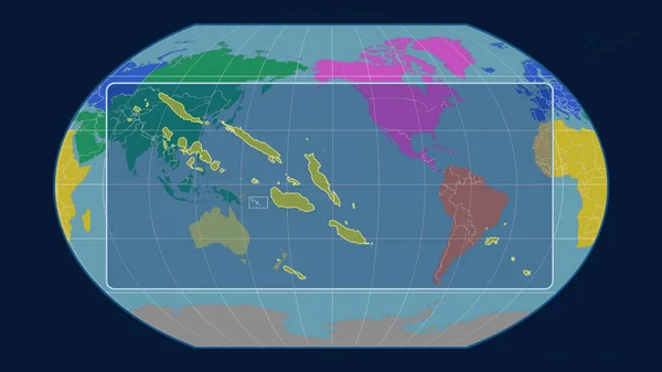 参照Kavrayskiy投影中的全球地图 用透视线放大所罗门群岛的轮廓 形体中心 各大洲的彩色地图 — 图库照片