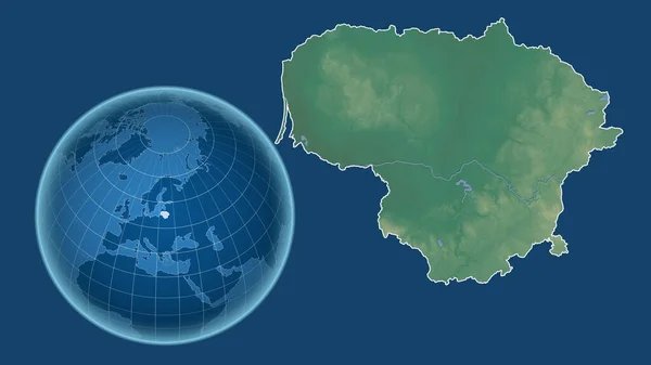 Litwa Globus Kształcie Kraju Powiększonej Mapie Odizolowanym Zarysem Niebieskim Tle — Zdjęcie stockowe