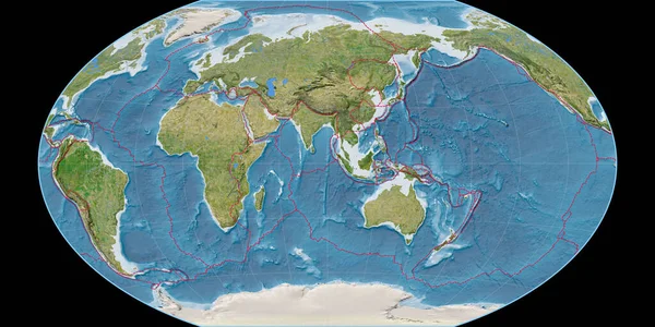 ウィンケル トリペル投影の世界地図は 東経90度を中心としています 衛星画像B 格子プレートと地殻プレートの境界とラスターの複合体 3Dイラスト — ストック写真
