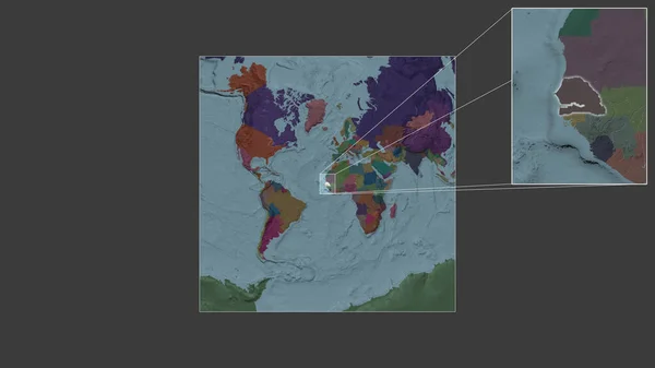 从世界大比例尺地图中提取出的塞内加尔扩大和扩大的地区 其主要线连接了框架的各个角落 行政区划的彩色地图 — 图库照片