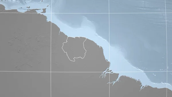 Surinam Sąsiedztwo Odległa Perspektywa Zarysem Kraju Mapa Elewacji Skali Szarej — Zdjęcie stockowe