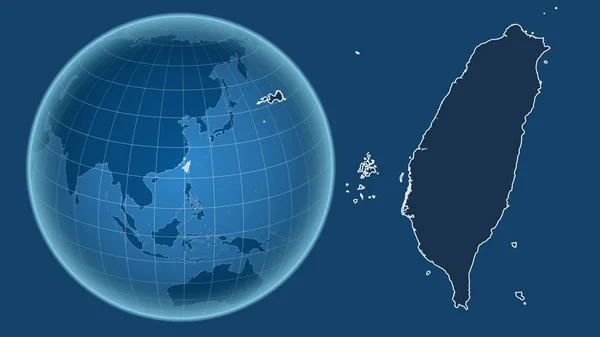 Тайвань Глобус Формі Країни Проти Збільшеної Карти Контуром Ізольованим Синьому — стокове фото