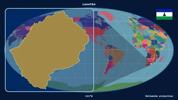 Mollweide Projeksiyonundaki Küresel Bir Haritaya Karşı Lesotho Ana Hatlarıyla Yakınlaştırılmış — Stok fotoğraf