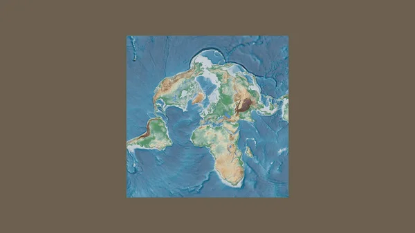 Square frame of the large-scale map of the world in an oblique Van der Grinten projection centered on the territory of Luxembourg. Color physical map