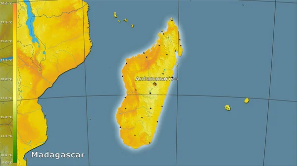 Madagaszkári Terület Legmelegebb Negyedének Átlaghőmérséklete Sztereográfiai Vetületben Legendával Összetétel — Stock Fotó