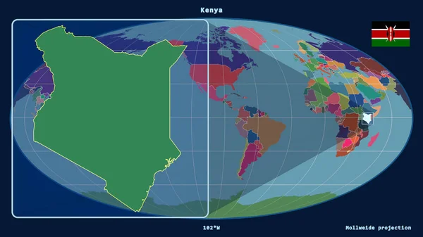 Přiblížený Pohled Keňu Perspektivními Liniemi Proti Globální Mapě Mollweidově Projekci — Stock fotografie