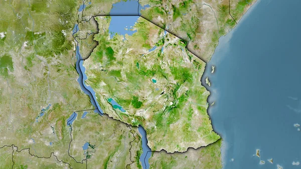 卫星A上坦桑尼亚地区的立体投影地图 带有暗发光轮廓的栅格层的原始组成 — 图库照片