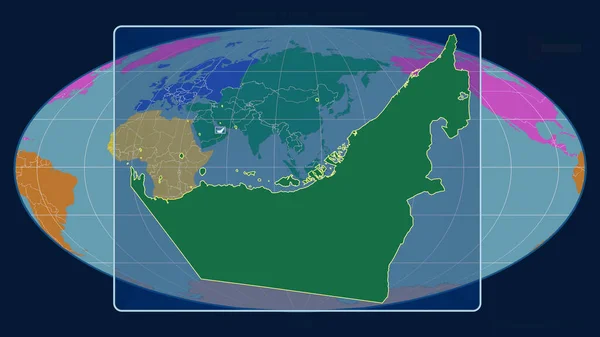 放大了阿拉伯联合酋长国的轮廓 用透视线与摩尔维德投影中的全球地图对齐 形体中心 各大洲的彩色地图 — 图库照片