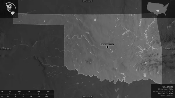 Оклахома Штат Сша Граймасштабна Карта Озерами Річками Форма Представлена Проти — стокове фото