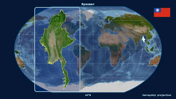 カヴァライスキー プロジェクションの世界地図に対する視点線でミャンマーのアウトラインを拡大表示 左側の形 衛星画像 — ストック写真